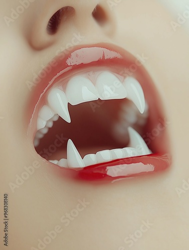 Close-up of a woman's mouth with vampire fangs, red lipstick, sharp teeth, glossy lips, pale skin, h photo