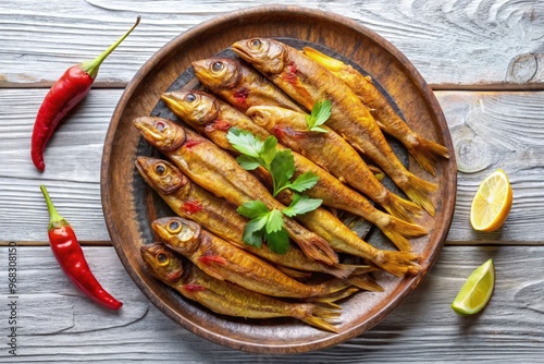 Delicious Bombay duck served on a wooden plate with chilies and lime. Generative AI photo