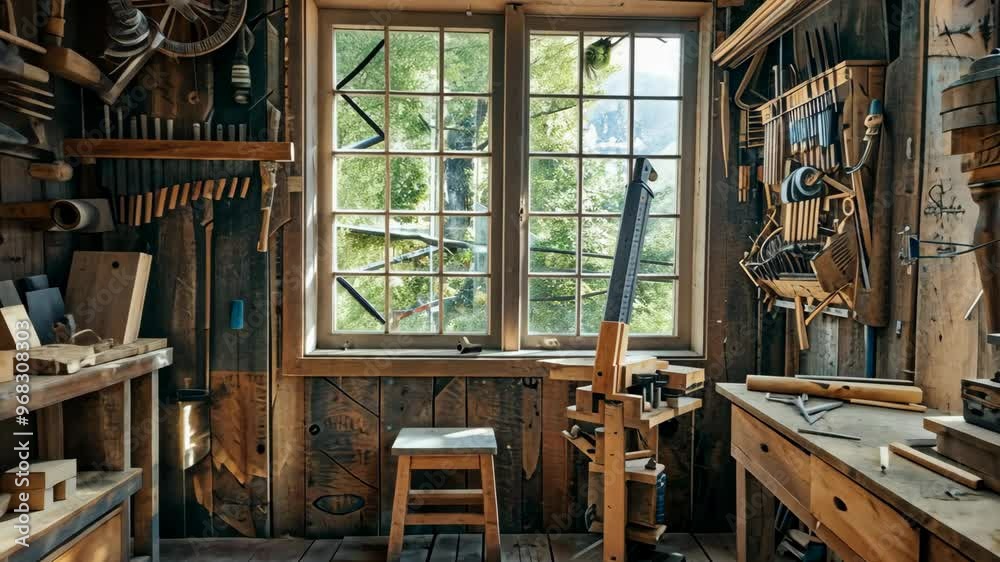 Crafting excellence in a rustic woodworking shop filled with tools and creativity near a sunlit window Crafting excellence in a rustic woodworking shop filled with tools and creativity near a sunlit window