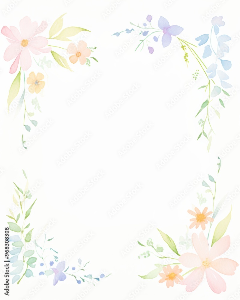 A beautiful floral border design featuring pastel flowers and leaves, perfect for invitations or greeting cards. A beautiful floral border design featuring pastel flowers and leaves, perfect for invitations or greeting cards.
