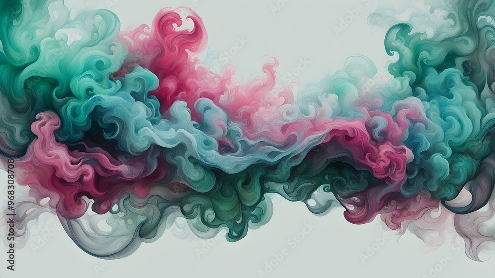 Obraz premium Abstract swirling clouds of pink, green, and blue hues against a white background.
