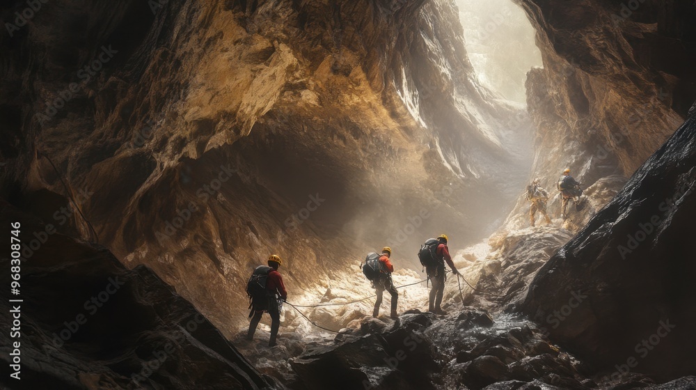 Obraz premium A group of adventurers navigating a narrow cave tunnel, using ropes and gear to traverse the rugged terrain.