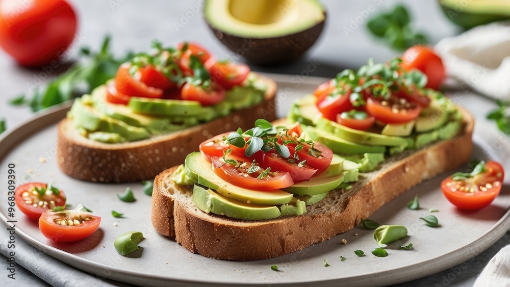 A savory sourdough toast topped with smooth avocado and sliced tomatoes, showcasing a wholesome and colorful dish A savory sourdough toast topped with smooth avocado and sliced tomatoes, showcasing a wholesome and colorful dish