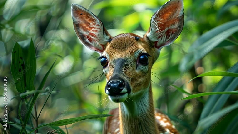 Young deer exploring lush greenery in a serene forest setting during midday Young deer exploring lush greenery in a serene forest setting during midday
