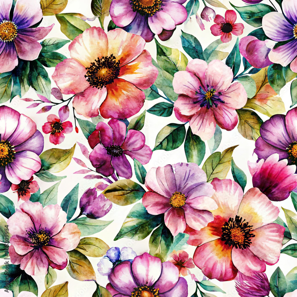 A seamless pattern with colorful flowers on a white background A seamless pattern with colorful flowers on a white background