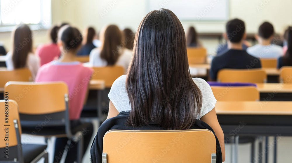 Back view of a teenage girl in school uniform, standing in a classroom. Symbolizes youth, education, and the journey of learning and personal growth Back view of a teenage girl in school uniform, standing in a classroom. Symbolizes youth, education, and the journey of learning and personal growth