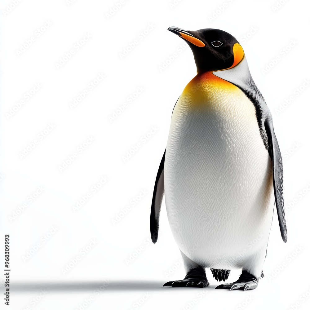 Fototapeta premium A charming penguin standing proudly against a clean white background, showcasing its distinctive colors and sleek body.