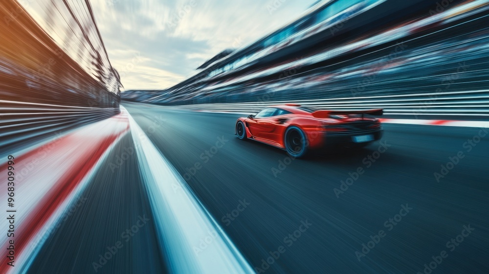A high-speed car racing down a race track, with motion blur capturing the thrill of the moment. A high-speed car racing down a race track, with motion blur capturing the thrill of the moment.