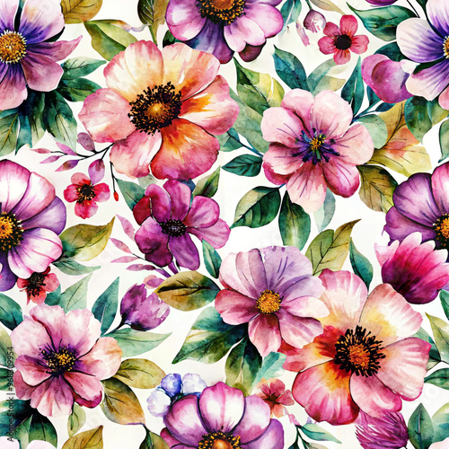 A seamless pattern with colorful flowers on a white background