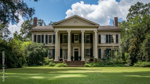 A historic colonial house with tall columns, shutters on the windows, and a large front lawn.