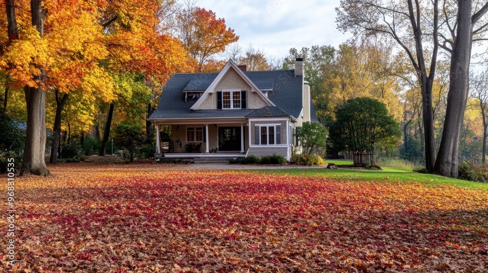 A house surrounded by autumn foliage, with colorful leaves covering the yard. A house surrounded by autumn foliage, with colorful leaves covering the yard.