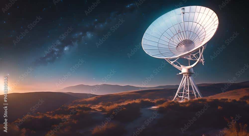 Satellite dish scanning the starry sky at dusk technology meets nature 4k animation Satellite dish scanning the starry sky at dusk technology meets nature 4k animation