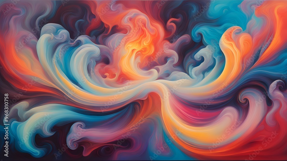Abstract painting with swirling vibrant colors in blue, orange, red and yellow. Abstract painting with swirling vibrant colors in blue, orange, red and yellow.