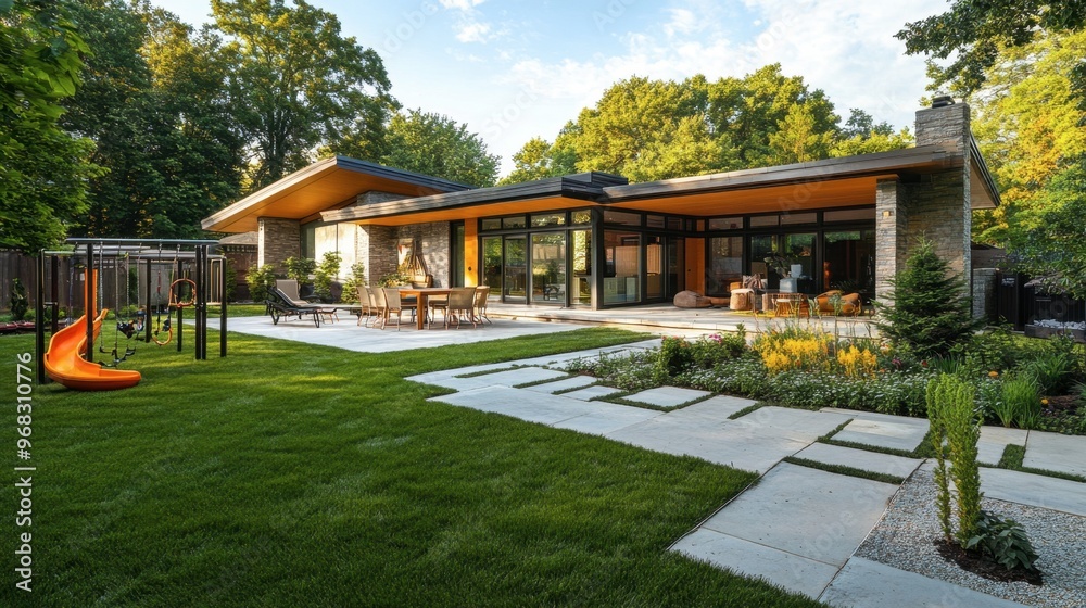 Obraz premium A house with a sprawling backyard, featuring a patio, garden, and children play area.