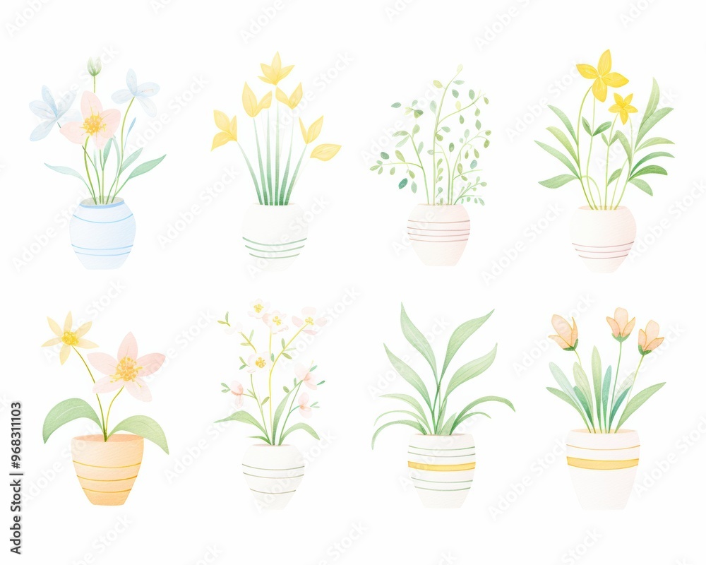 A collection of soft watercolor flower pots showcasing various delicate blooms in pastel colors, perfect for spring decor and designs. A collection of soft watercolor flower pots showcasing various delicate blooms in pastel colors, perfect for spring decor and designs.