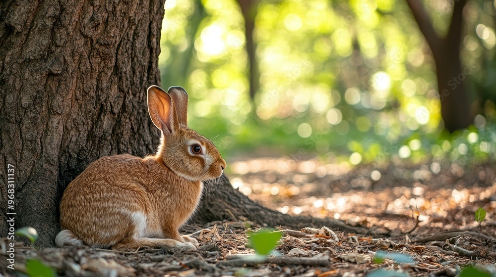 Fototapeta premium A serene rabbit resting beside a tree in a sunlit forest setting.