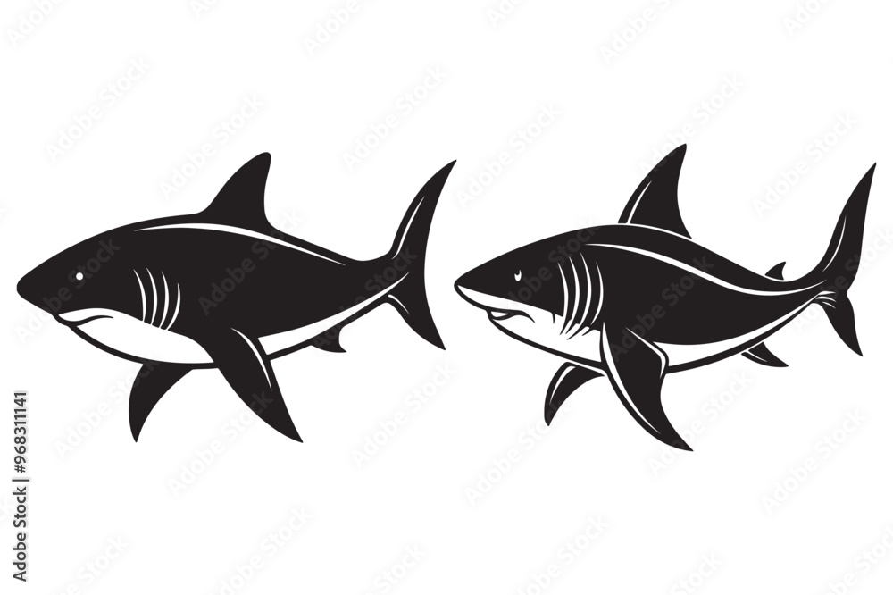 Shark cartoon bundle in black and white silhouette clipart style Shark cartoon bundle in black and white silhouette clipart style