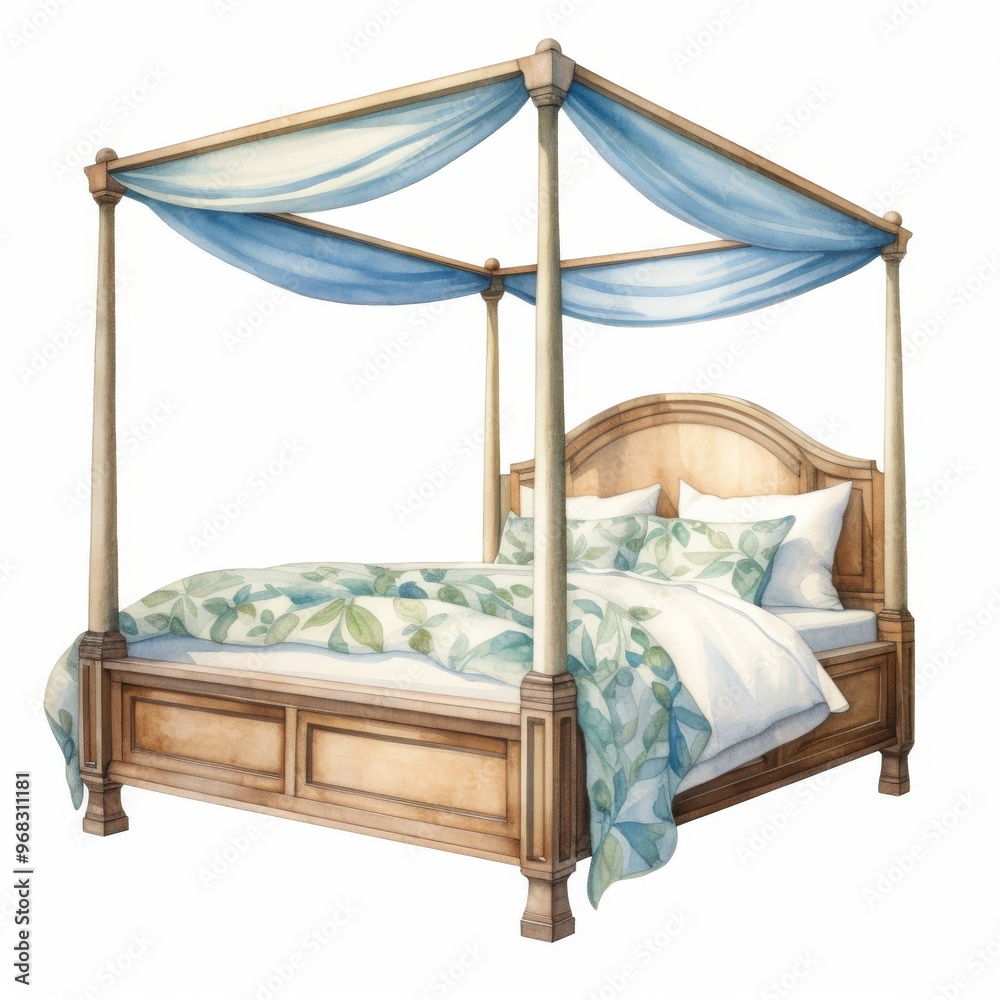 Elegant Canopy Bed Illustration with Blue Drapes and Leaf Pattern Bedding - Ideal for Bedroom Decor and Interior Design Elegant Canopy Bed Illustration with Blue Drapes and Leaf Pattern Bedding - Ideal for Bedroom Decor and Interior Design
