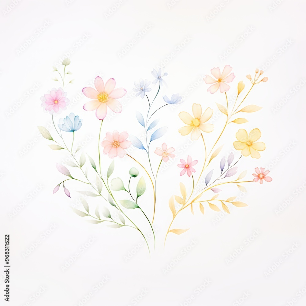 A delicate arrangement of pastel flowers and leaves, perfect for nature-themed designs and elegant backgrounds. A delicate arrangement of pastel flowers and leaves, perfect for nature-themed designs and elegant backgrounds.