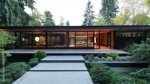 A mid-century modern house with a flat roof, large windows, and minimalist landscaping.