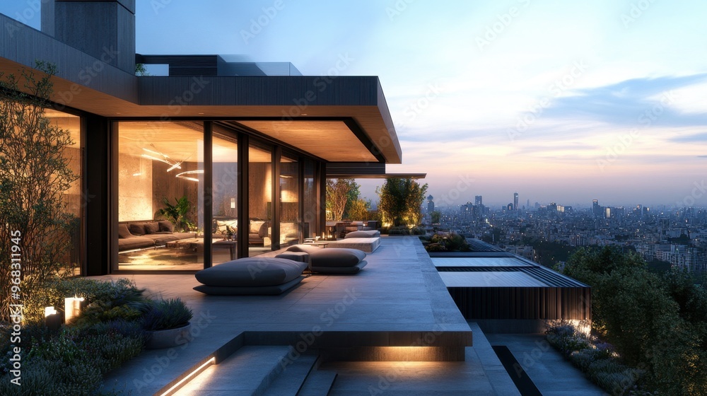 A modern house with a rooftop garden, featuring plants, seating, and city views. A modern house with a rooftop garden, featuring plants, seating, and city views.