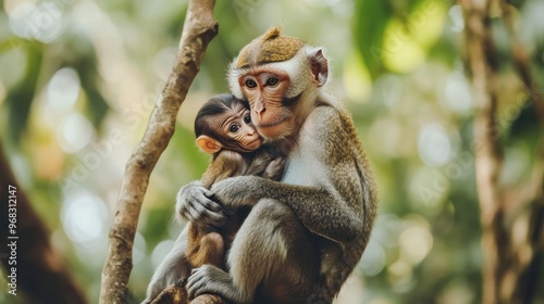 A monkey holding its young baby close, sitting on a branch high in the trees.