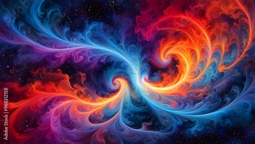 Abstract swirling blue and red flames against a starry night sky background.