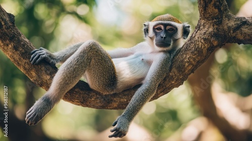 A monkey lounging on a tree limb, with one leg hanging down and a relaxed expression on its face. photo