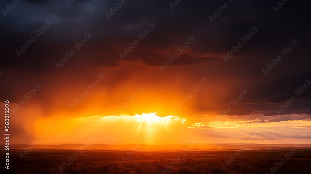 Fototapeta premium A stunning sunset illuminating the sky with vibrant orange hues through dark storm clouds, creating a dramatic landscape.