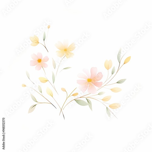 A delicate floral illustration featuring soft pink and yellow flowers with green leaves, perfect for spring designs and decor.