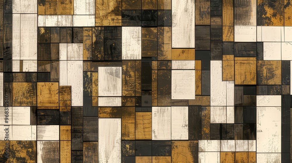 A textured pattern of rectangular wooden panels in various shades of brown, cream, and black, creating a modern design. A textured pattern of rectangular wooden panels in various shades of brown, cream, and black, creating a modern design.