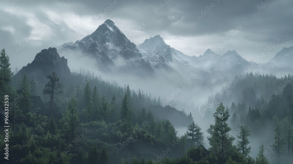 A mountain landscape shrouded in rain and mist, with distant peaks barely visible. A mountain landscape shrouded in rain and mist, with distant peaks barely visible.