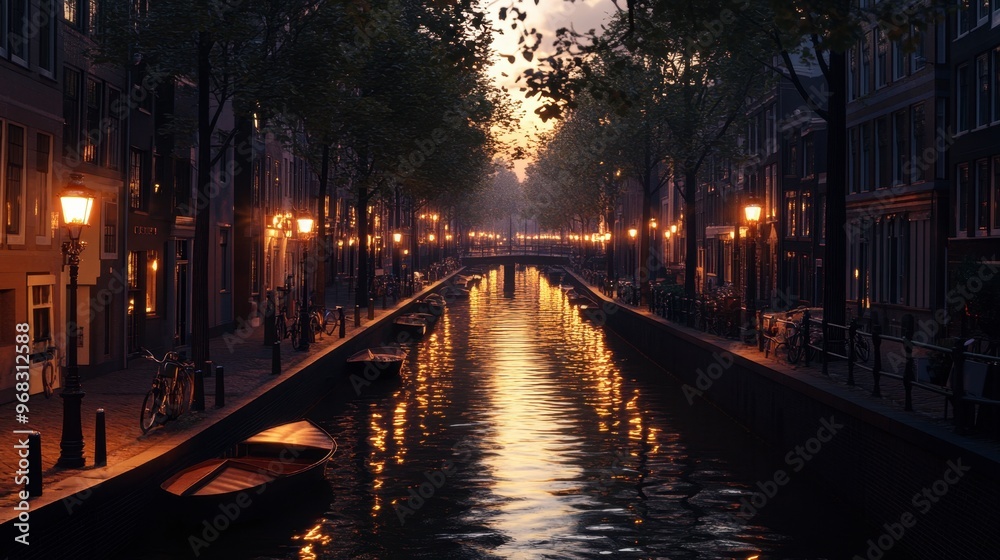 Fototapeta premium A narrow canal at twilight, with street lamps reflecting golden light onto the water.