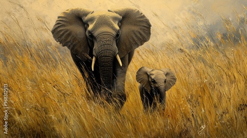 A mother elephant guiding her calf through tall grass, the baby staying close to her side.