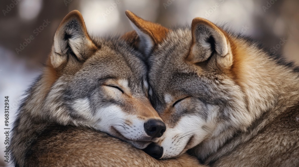 A pair of wolves nuzzling each other, showcasing their strong social bonds and affection. A pair of wolves nuzzling each other, showcasing their strong social bonds and affection.