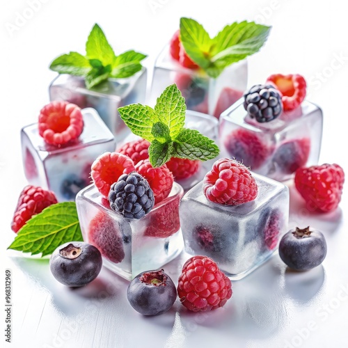 Fresh berries and mint set in ice cubes on a white background for summer drinks. Generative AI