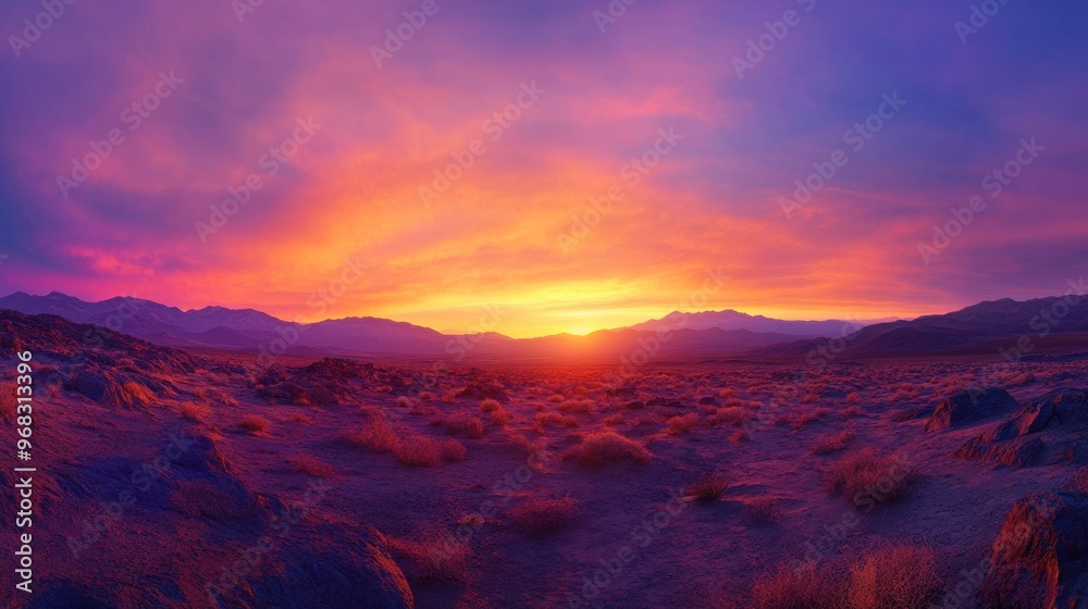 A panoramic view of the desert at sunset, with the sky painted in deep oranges and purples. A panoramic view of the desert at sunset, with the sky painted in deep oranges and purples.