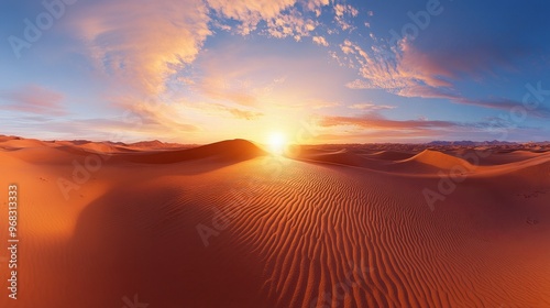 A panoramic view of the desert at sunrise, with the first light illuminating the sand dunes.