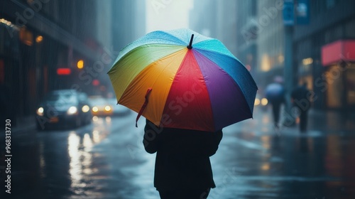 Wallpaper Mural A person holding a colorful umbrella while walking through a rainy city street. Torontodigital.ca
