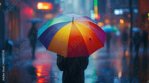 Wallpaper Mural A person holding a colorful umbrella while walking through a rainy city street. Torontodigital.ca