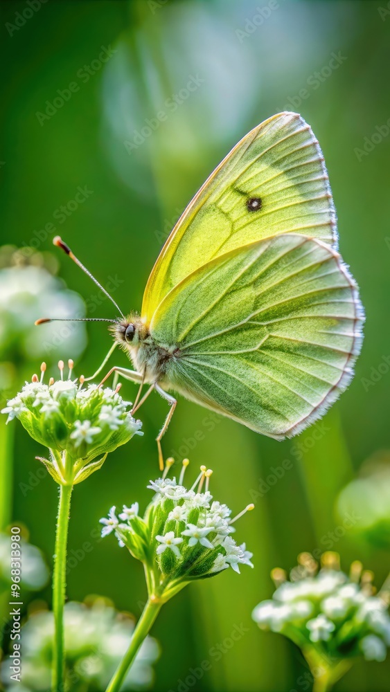 Green butterfly resting on white flowers during a sunny day in spring. Generative AI Green butterfly resting on white flowers during a sunny day in spring. Generative AI