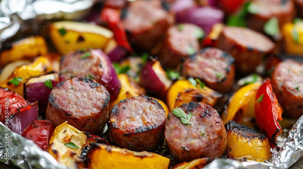 Deliciously grilled sausage and colorful bell peppers roasted to perfection on a summer evening barbecue gathering Deliciously grilled sausage and colorful bell peppers roasted to perfection on a summer evening barbecue gathering