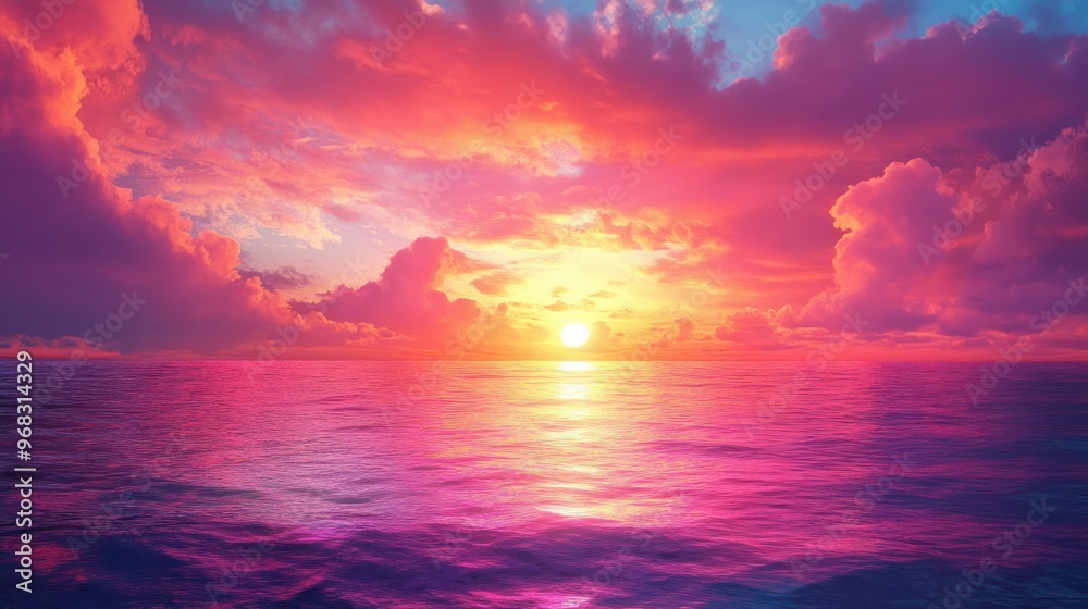 Obraz premium A vibrant sunset over the ocean, with the sky filled with shades of pink, orange, and purple.