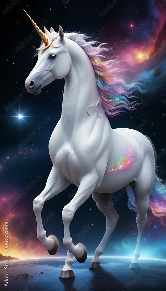 Celestial Unicorn with Sparkling Stardust Mane Gliding Through Deep Space – Cosmic Colors, Starlight Infused Coat, and Dramatic Lighting Create a Dazzling Display of Magic and Beauty