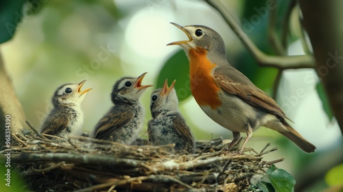 A robin feeding its chicks in a nest, with the young birds eagerly reaching up for food.