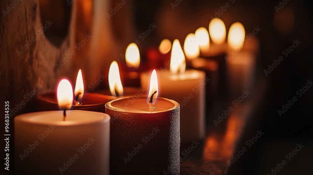 A row of candles burning in a dimly lit room, their flames flickering and casting warm, inviting shadows.