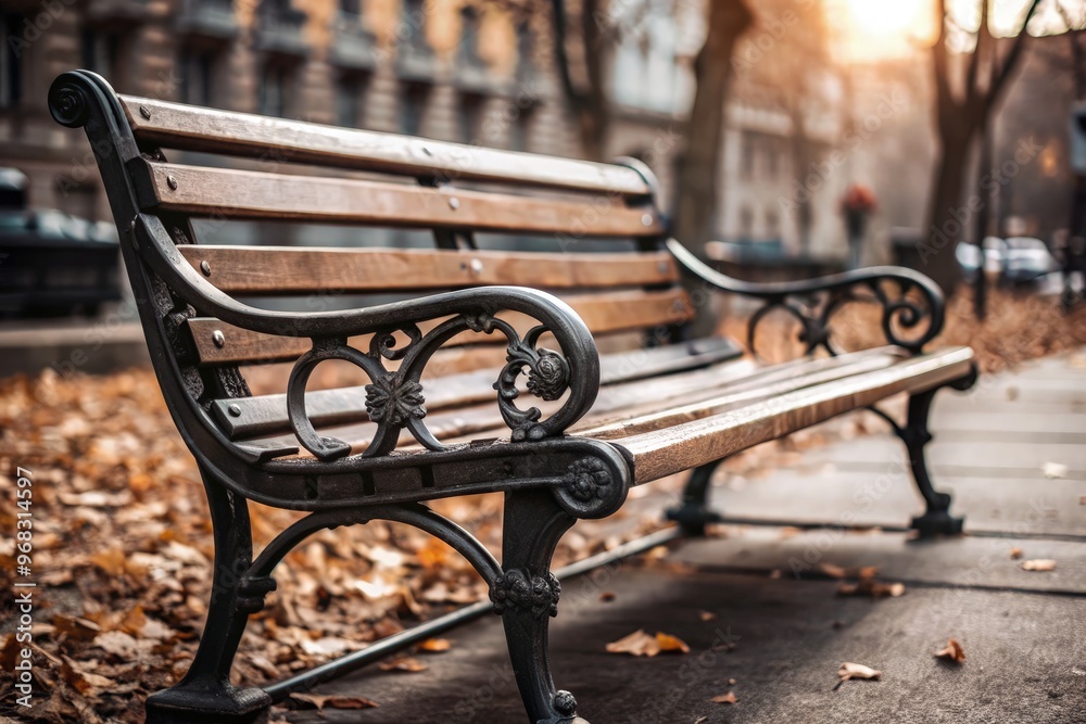 Cozy park bench surrounded by autumn leaves during golden hour light. Generative AI Cozy park bench surrounded by autumn leaves during golden hour light. Generative AI