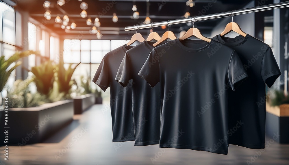 Fototapeta premium Black t-shirts on hangers in a store with space for branding and logos, on blurred indoor background, concept of mockup. Generative AI