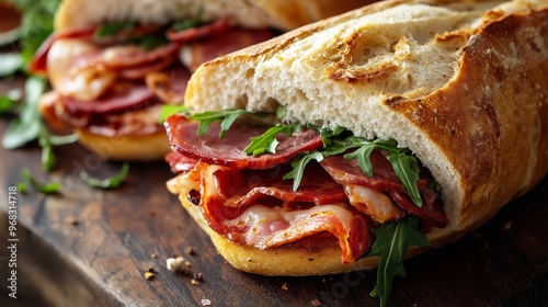 Gourmet sandwich on a wooden board with layers of meat and fresh greens in a cozy kitchen setting