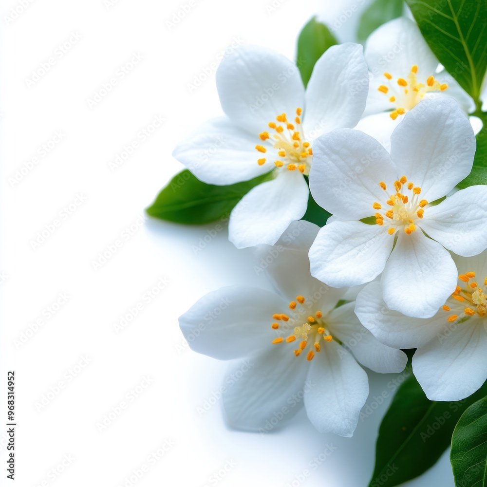 Fototapeta premium A fresh arrangement of delicate white flowers with vibrant yellow centers, surrounded by lush green leaves on a clean background.